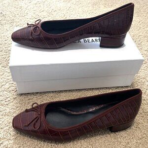 VERONICA BEARD CECILE SEPIA LEATHER CROC EMBOSSED BOW PUMPS